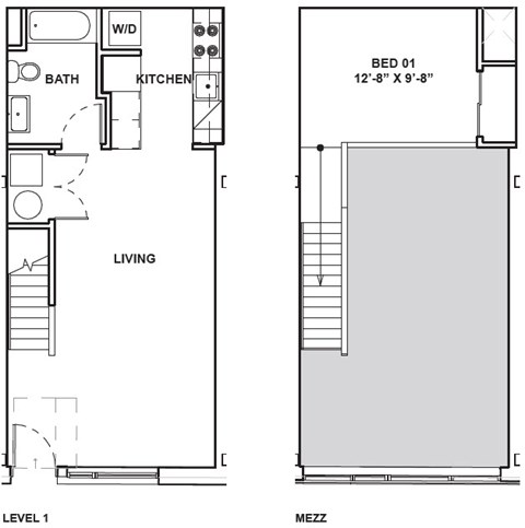 A floor plan shows a bedroom, bathroom, kitchen, and living room.
